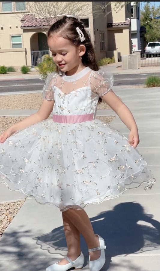 Girls' white embroidered princess dress with pink ribbon waist